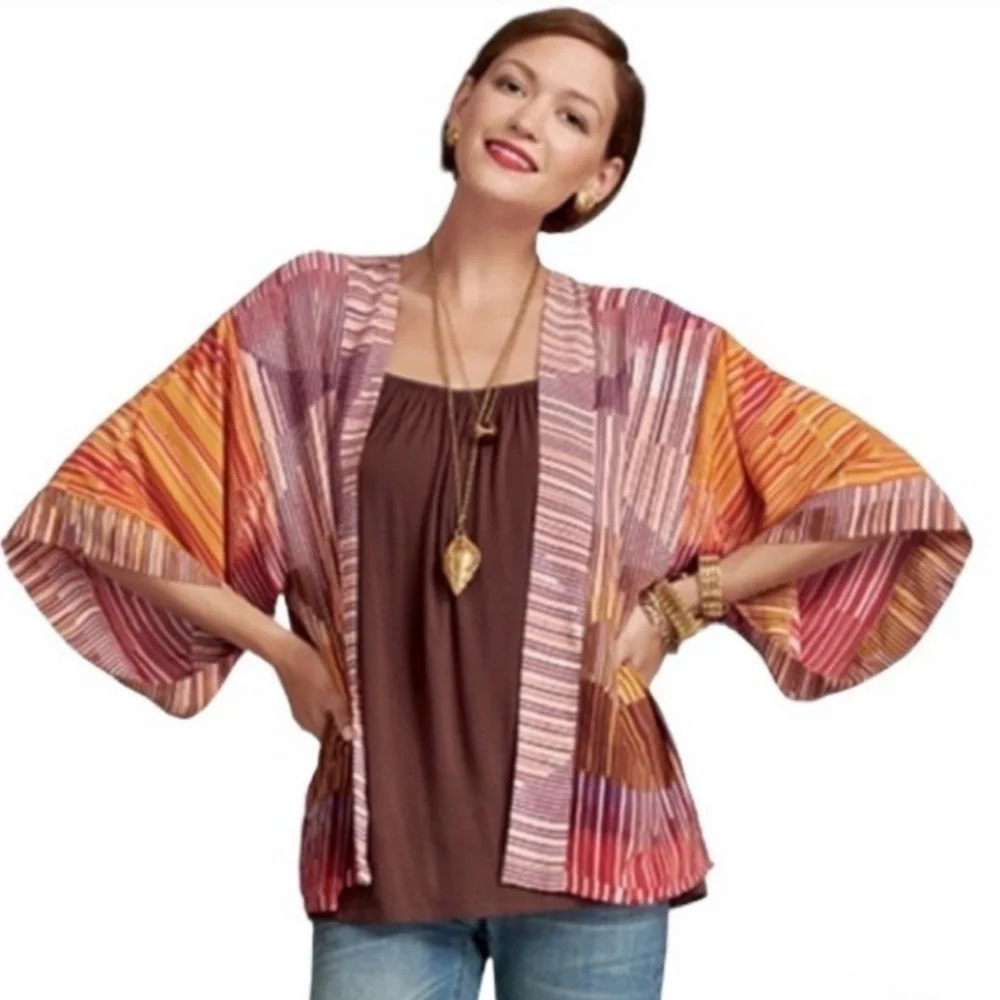 CAbi Multicolor Striped Kimono Jacket in Orange, Pink & Brown